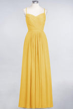 A-Line Spaghetti-Straps Sweetheart Sleeveless Bridesmaid Dress Ruffles Chiffon Evening Maxi Gown