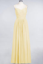 A-Line Spaghetti-Straps Sweetheart Sleeveless Bridesmaid Dress Ruffles Chiffon Evening Maxi Gown