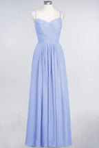 A-Line Spaghetti-Straps Sweetheart Sleeveless Bridesmaid Dress Ruffles Chiffon Evening Maxi Gown