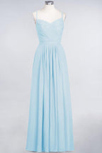 A-Line Spaghetti-Straps Sweetheart Sleeveless Bridesmaid Dress Ruffles Chiffon Evening Maxi Gown