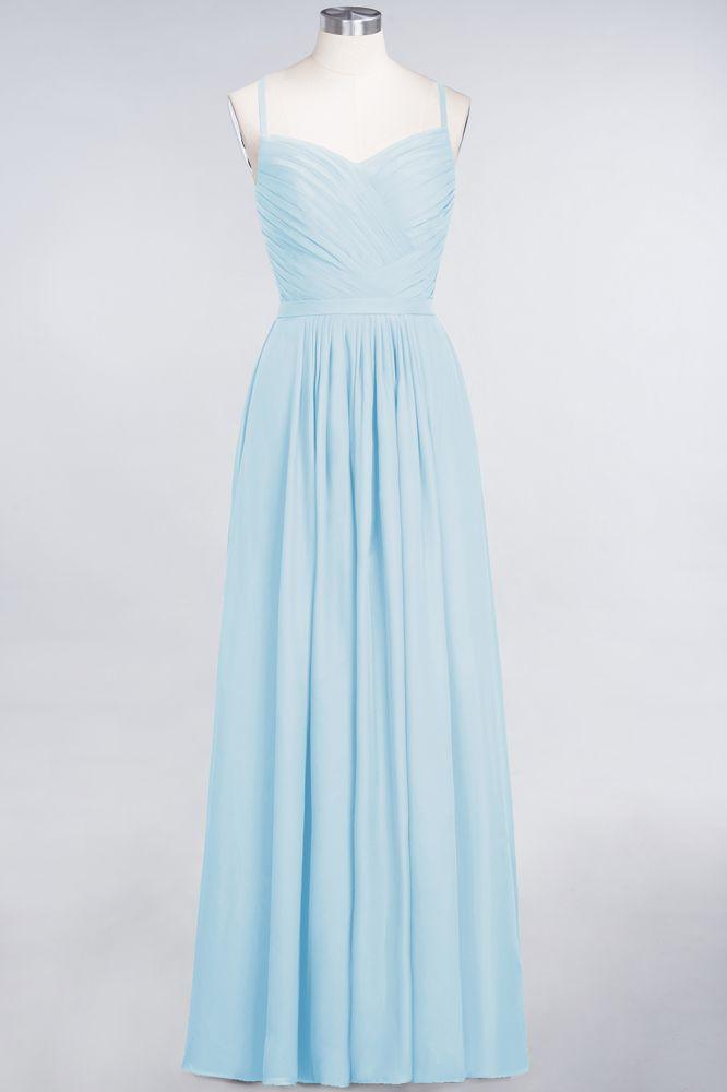 A-Line Spaghetti-Straps Sweetheart Sleeveless Bridesmaid Dress Ruffles Chiffon Evening Maxi Gown