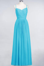 A-Line Spaghetti-Straps Sweetheart Sleeveless Bridesmaid Dress Ruffles Chiffon Evening Maxi Gown
