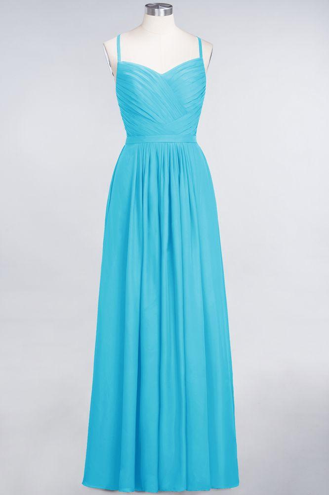 A-Line Spaghetti-Straps Sweetheart Sleeveless Bridesmaid Dress Ruffles Chiffon Evening Maxi Gown