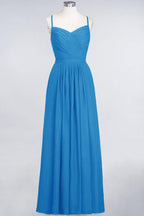 A-Line Spaghetti-Straps Sweetheart Sleeveless Bridesmaid Dress Ruffles Chiffon Evening Maxi Gown