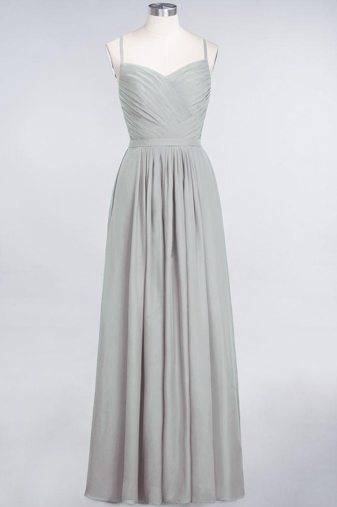 A-Line Spaghetti-Straps Sweetheart Sleeveless Bridesmaid Dress Ruffles Chiffon Evening Maxi Gown
