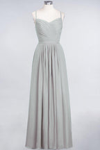 A-Line Spaghetti-Straps Sweetheart Sleeveless Bridesmaid Dress Ruffles Chiffon Evening Maxi Gown