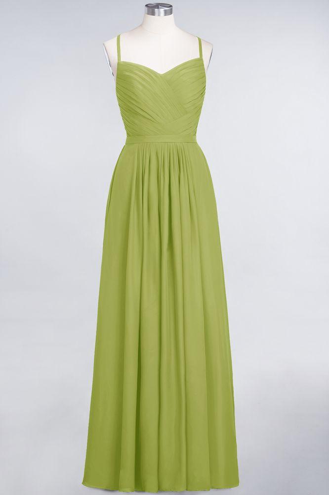 A-Line Spaghetti-Straps Sweetheart Sleeveless Bridesmaid Dress Ruffles Chiffon Evening Maxi Gown