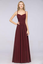 A-Line Spaghetti-Straps Sweetheart Sleeveless Bridesmaid Dress Ruffles Chiffon Evening Maxi Gown