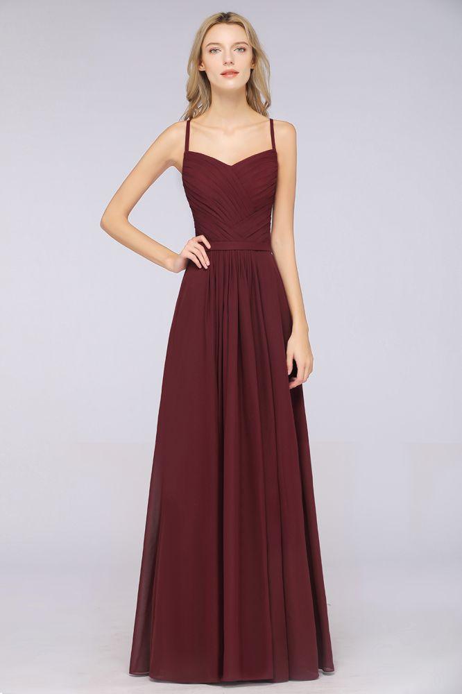 A-Line Spaghetti-Straps Sweetheart Sleeveless Bridesmaid Dress Ruffles Chiffon Evening Maxi Gown