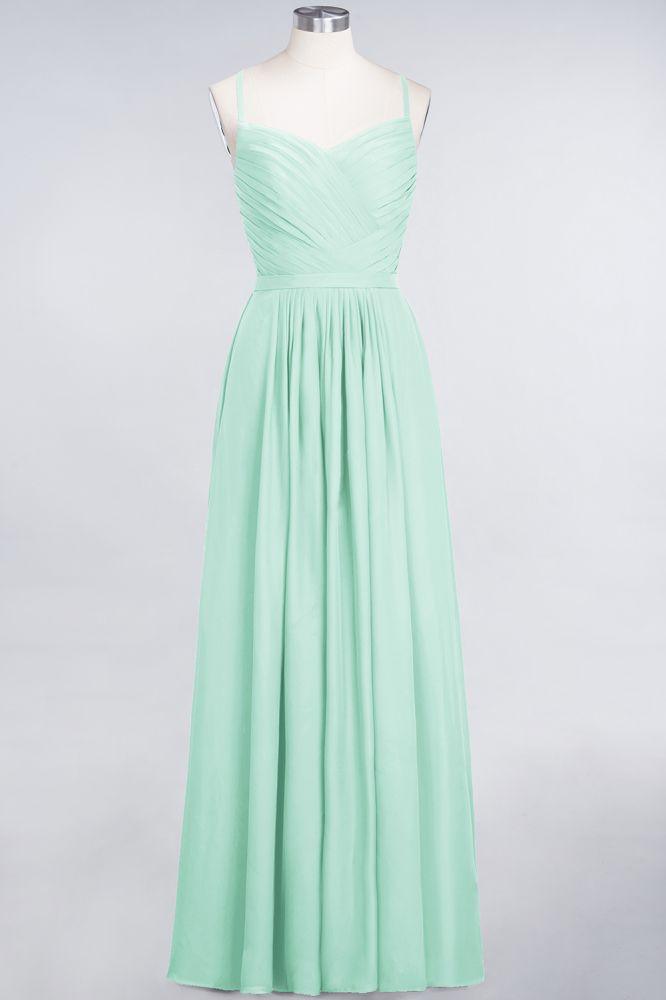 A-Line Spaghetti-Straps Sweetheart Sleeveless Bridesmaid Dress Ruffles Chiffon Evening Maxi Gown