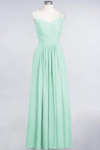A-Line Spaghetti-Straps Sweetheart Sleeveless Bridesmaid Dress Ruffles Chiffon Evening Maxi Gown