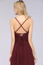 A-Line Spaghetti-Straps Sweetheart Sleeveless Bridesmaid Dress Ruffles Chiffon Evening Maxi Gown
