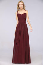 A-Line Spaghetti-Straps Sweetheart Sleeveless Bridesmaid Dress Ruffles Chiffon Evening Maxi Gown