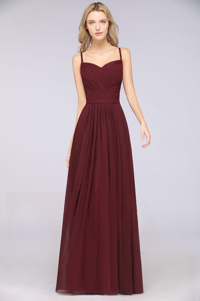 A-Line Spaghetti-Straps Sweetheart Sleeveless Bridesmaid Dress Ruffles Chiffon Evening Maxi Gown