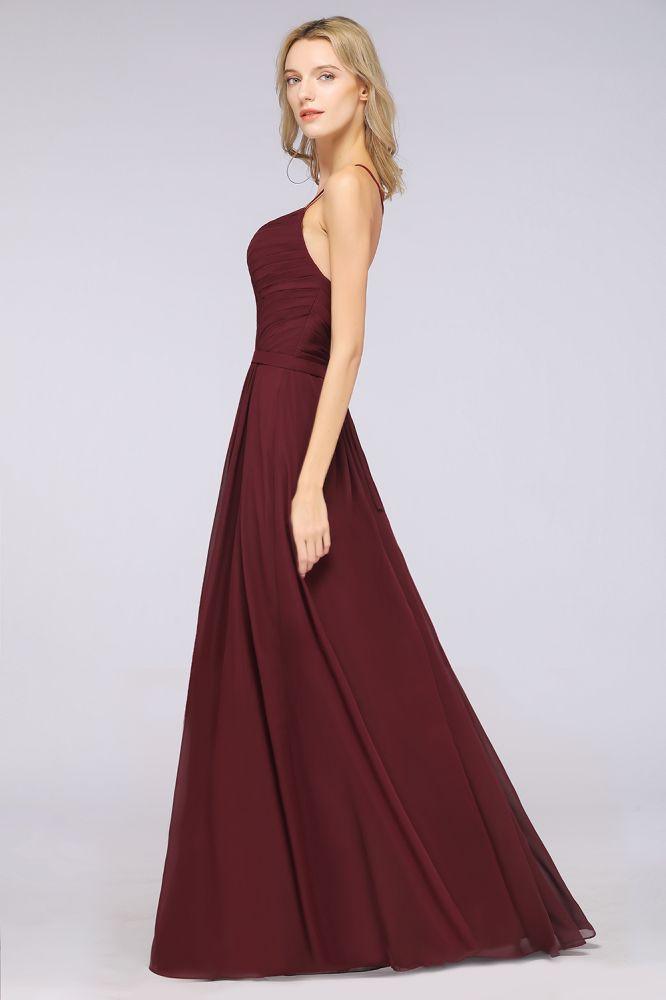 A-Line Spaghetti-Straps Sweetheart Sleeveless Bridesmaid Dress Ruffles Chiffon Evening Maxi Gown