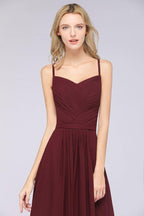 A-Line Spaghetti-Straps Sweetheart Sleeveless Bridesmaid Dress Ruffles Chiffon Evening Maxi Gown