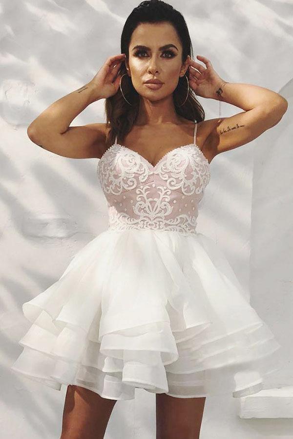 A-Line Spaghetti Straps Tiered Homecoming Dress with Appliques