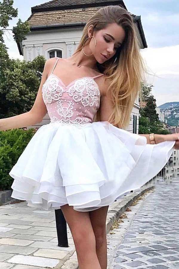 A-Line Spaghetti Straps Tiered Homecoming Dress with Appliques