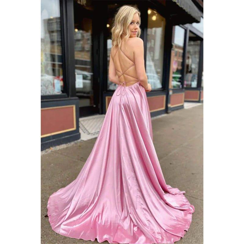 A-line Spaghetti Straps V-neck High Split Simple Prom Dress