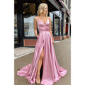 A-line Spaghetti Straps V-neck High Split Simple Prom Dress