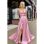 A-line Spaghetti Straps V-neck High Split Simple Prom Dress