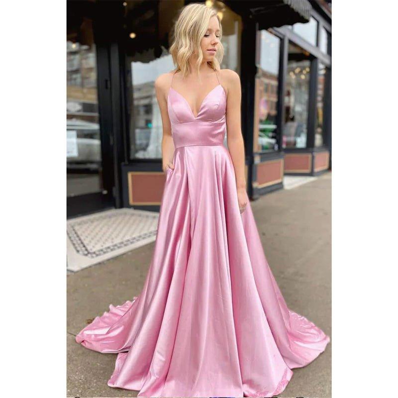 A-line Spaghetti Straps V-neck High Split Simple Prom Dress