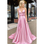 A-line Spaghetti Straps V-neck High Split Simple Prom Dress