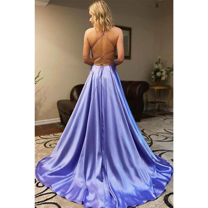 A-line Spaghetti Straps V-neck High Split Simple Prom Dress