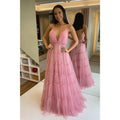A-line Spaghetti Straps V-neck Tulle Long Formal Evening Dress