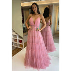 A-line Spaghetti Straps V-neck Tulle Long Formal Evening Dress