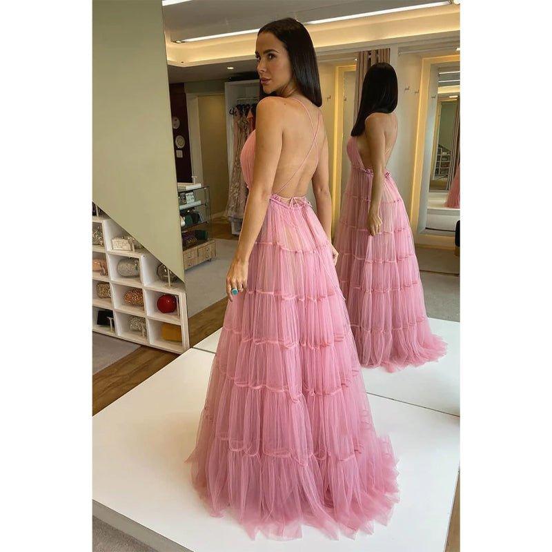 A-line Spaghetti Straps V-neck Tulle Long Formal Evening Dress