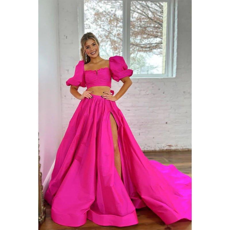 A-line Square Bowknot Two-piece Pink Long Prom Dress with Slit Evening Gowns