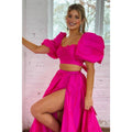A-line Square Bowknot Two-piece Pink Long Prom Dress with Slit Evening Gowns