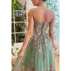 A-Line Strapless Appliqued Tulle Midi Length Prom Evening Dress