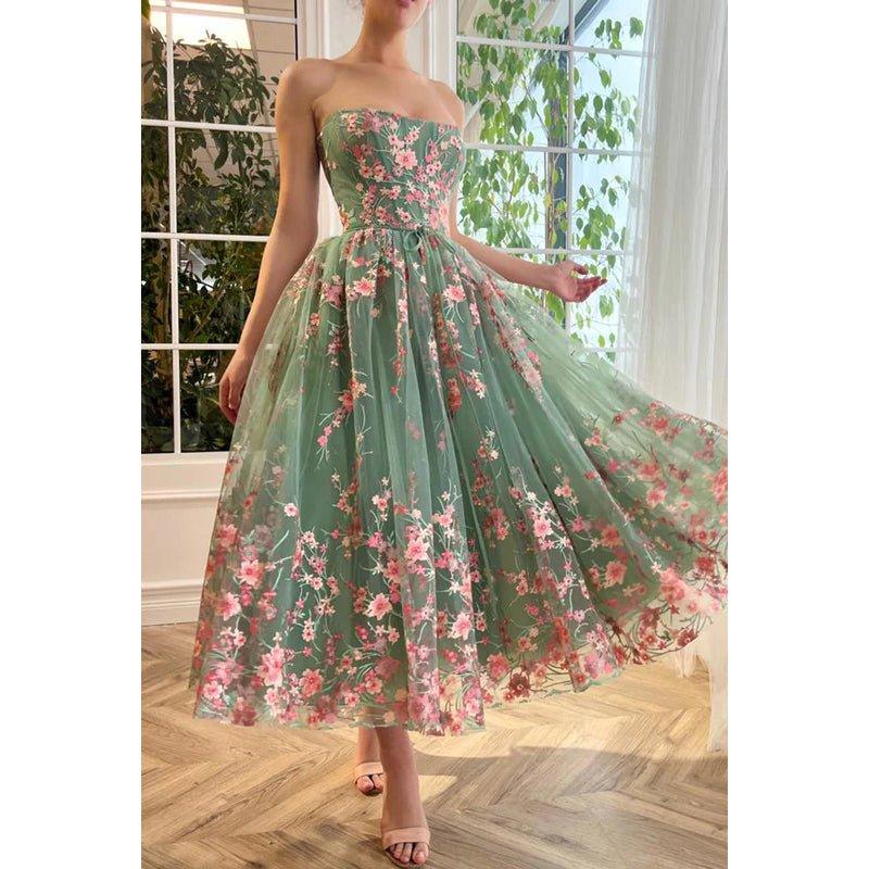 A-Line Strapless Appliqued Tulle Midi Length Prom Evening Dress