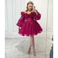 A Line Strapless Long Sleeves Sparkly Short Prom Dress Fuchsia Homecoming Dress