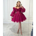 A Line Strapless Long Sleeves Sparkly Short Prom Dress Fuchsia Homecoming Dress