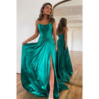 A-line Strapless Pleats Satin High Split Long Prom Dress Evening Gowns