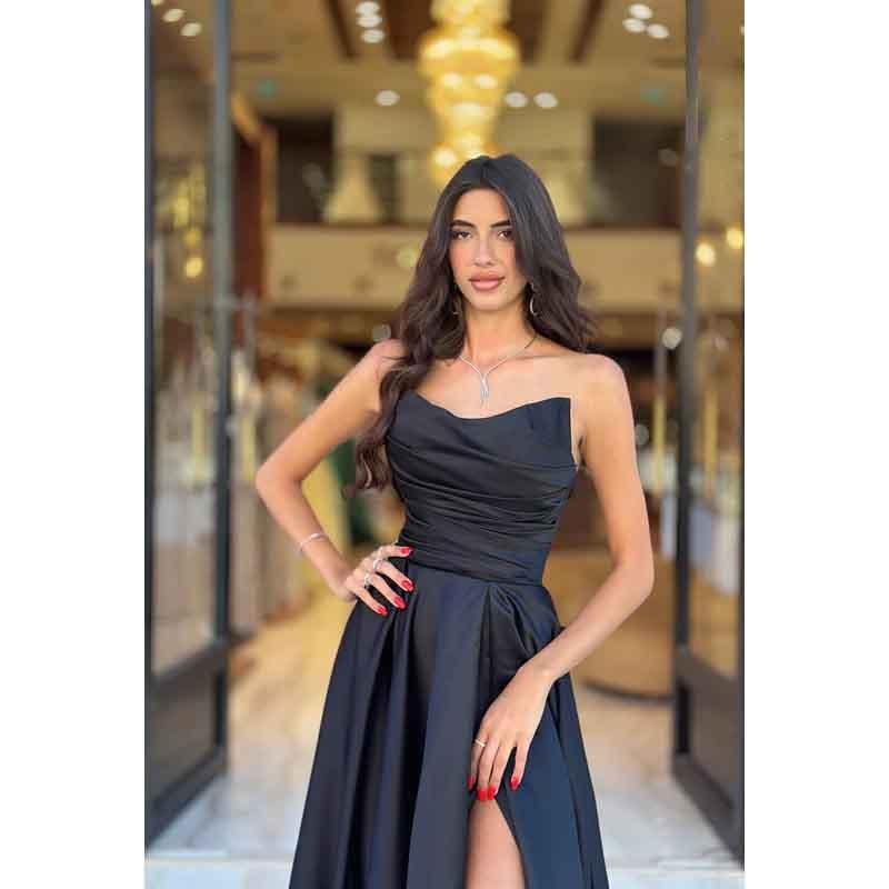 A Line Strapless Satin Pleated Long Prom Evening Dress With Slit