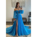 A-Line Strapless Tulle Backless 3/4 Sleeves Formal Dress