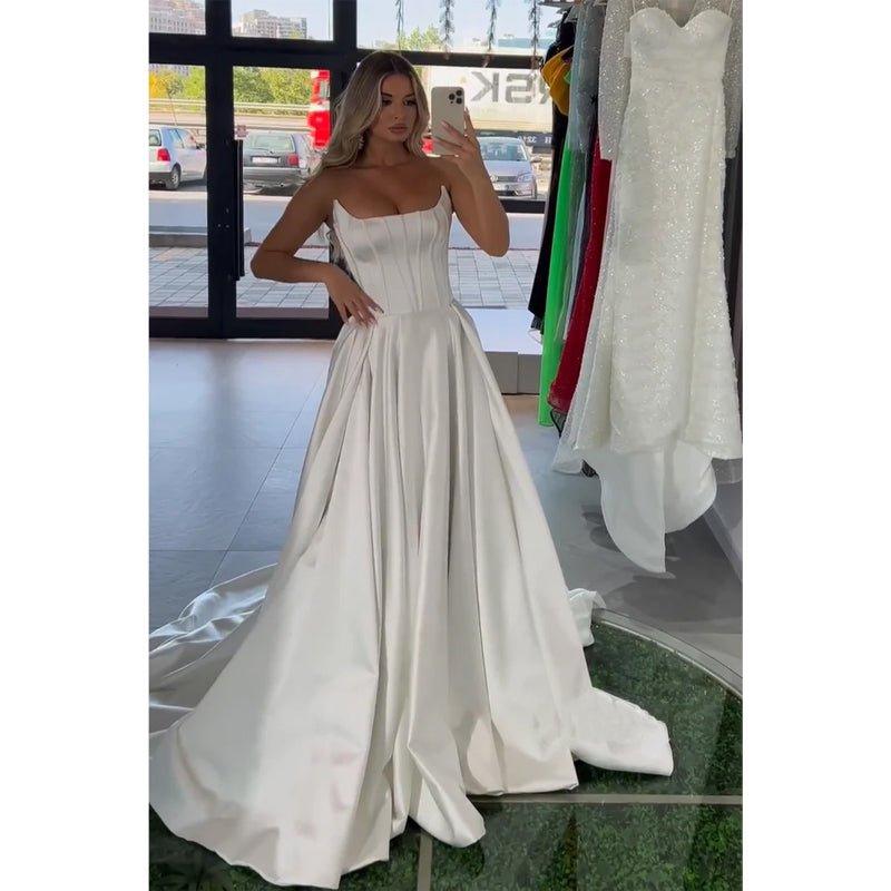 A-line Strapless White Satin Long Prom Evening Dress with Train