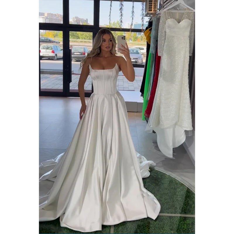 A-line Strapless White Satin Long Prom Evening Dress with Train