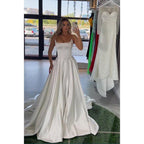 A-line Strapless White Satin Long Prom Evening Dress with Train