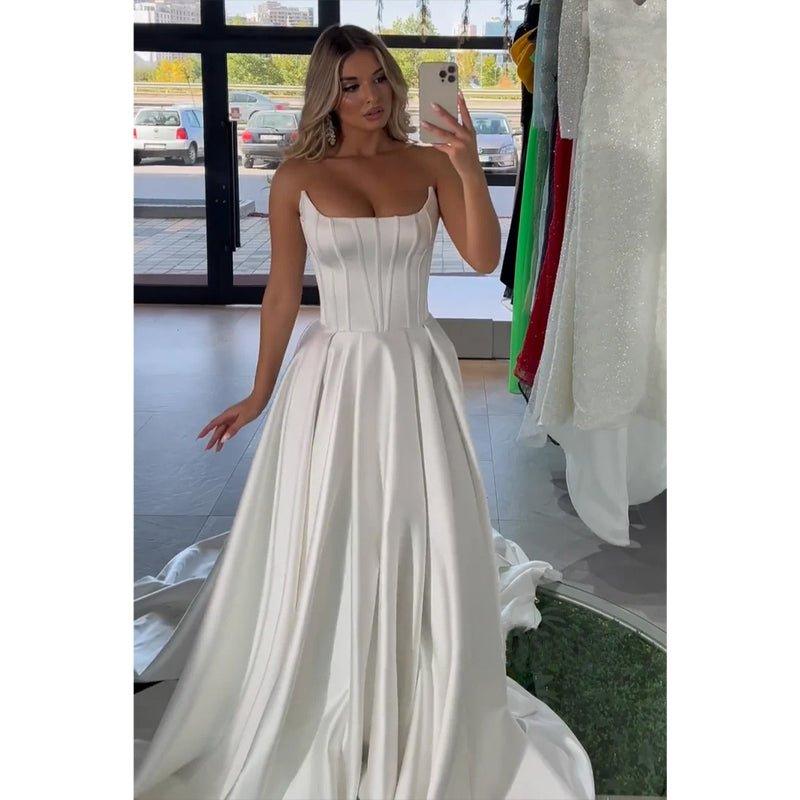 A-line Strapless White Satin Long Prom Evening Dress with Train