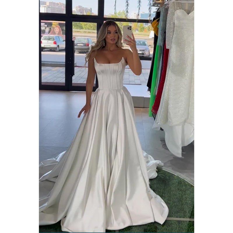 A-line Strapless White Satin Long Prom Evening Dress with Train