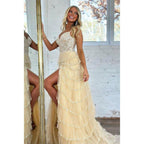 A Line Straps Applique Illusion Sparkly Long Prom Evening Gowns