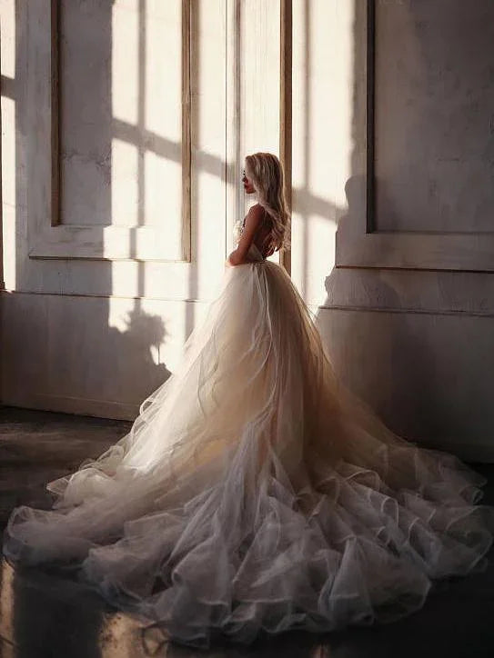 A-line  Straps Floor length Beading Wedding Dress Long Prom Dress