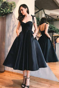 A-Line Straps Mid-Calf Satin Homecoming Dress with Pockets