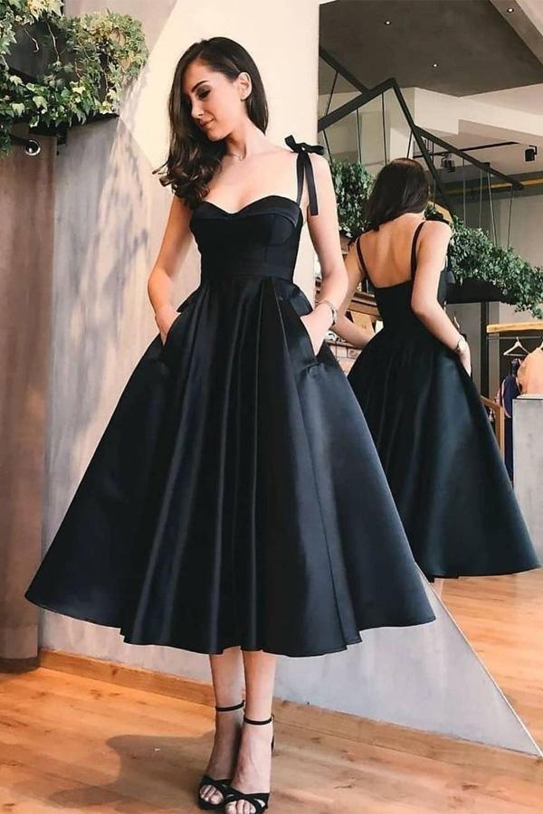 A-Line Straps Mid-Calf Satin Homecoming Dress with Pockets