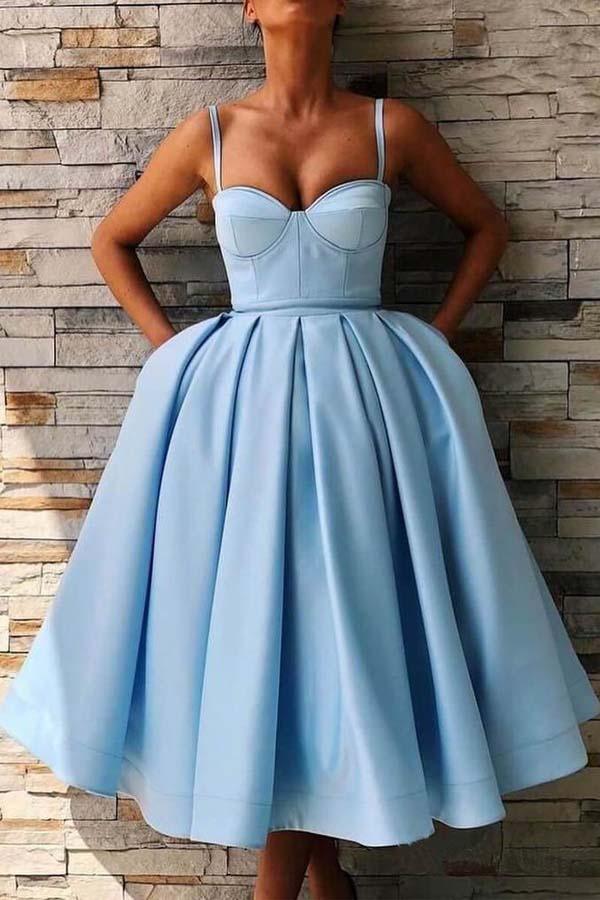 A-Line Straps Mid-Calf Satin Homecoming Dress with Pockets